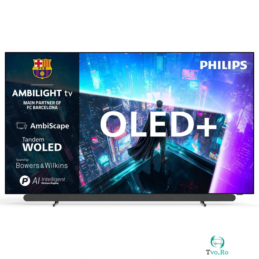 Philips Televizor Philips AMBILIGHT TV OLED+ 55OLED911, Bowers & Wilkins, 139 cm, Smart TV, 4K Ultra HD, 165Hz, Clasa G (Model 2026), Argintiu la 10,387.99 lei ron